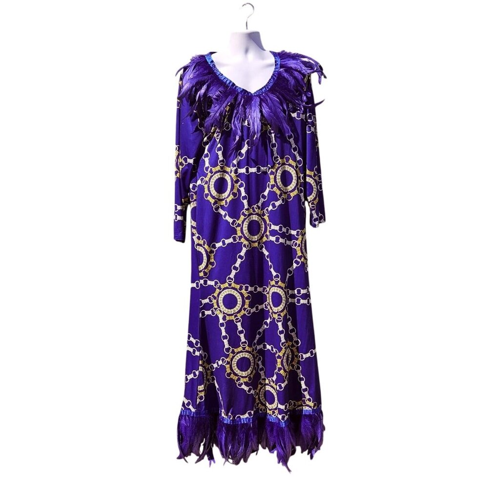 Purple Feather Maxi Drag Gown Chain Print 4XL Tall Mardi Gras Mens XL - 2X Tall - Picture 1 of 14